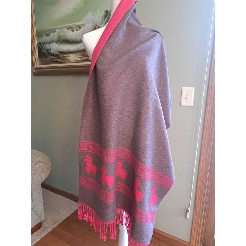 Fuchsia Alpaca Wool Blend Scarf Wrap Shawl Fringed Warm Winter Accessories 72x25